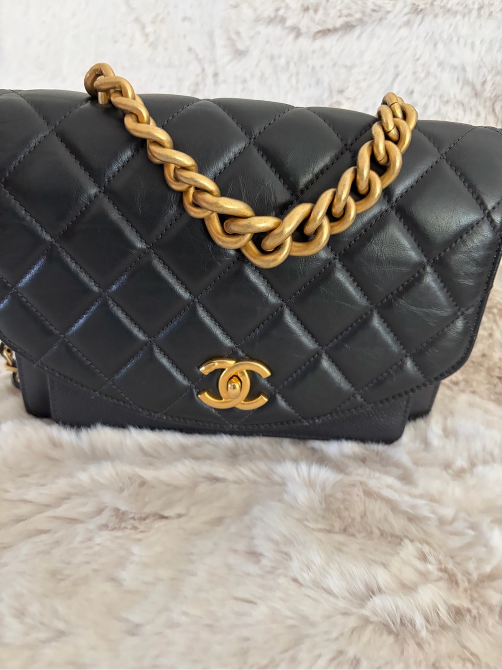 Chanel Black Quilted Lambskin and Caviar Leather Shoulder Bag with Gold Chain